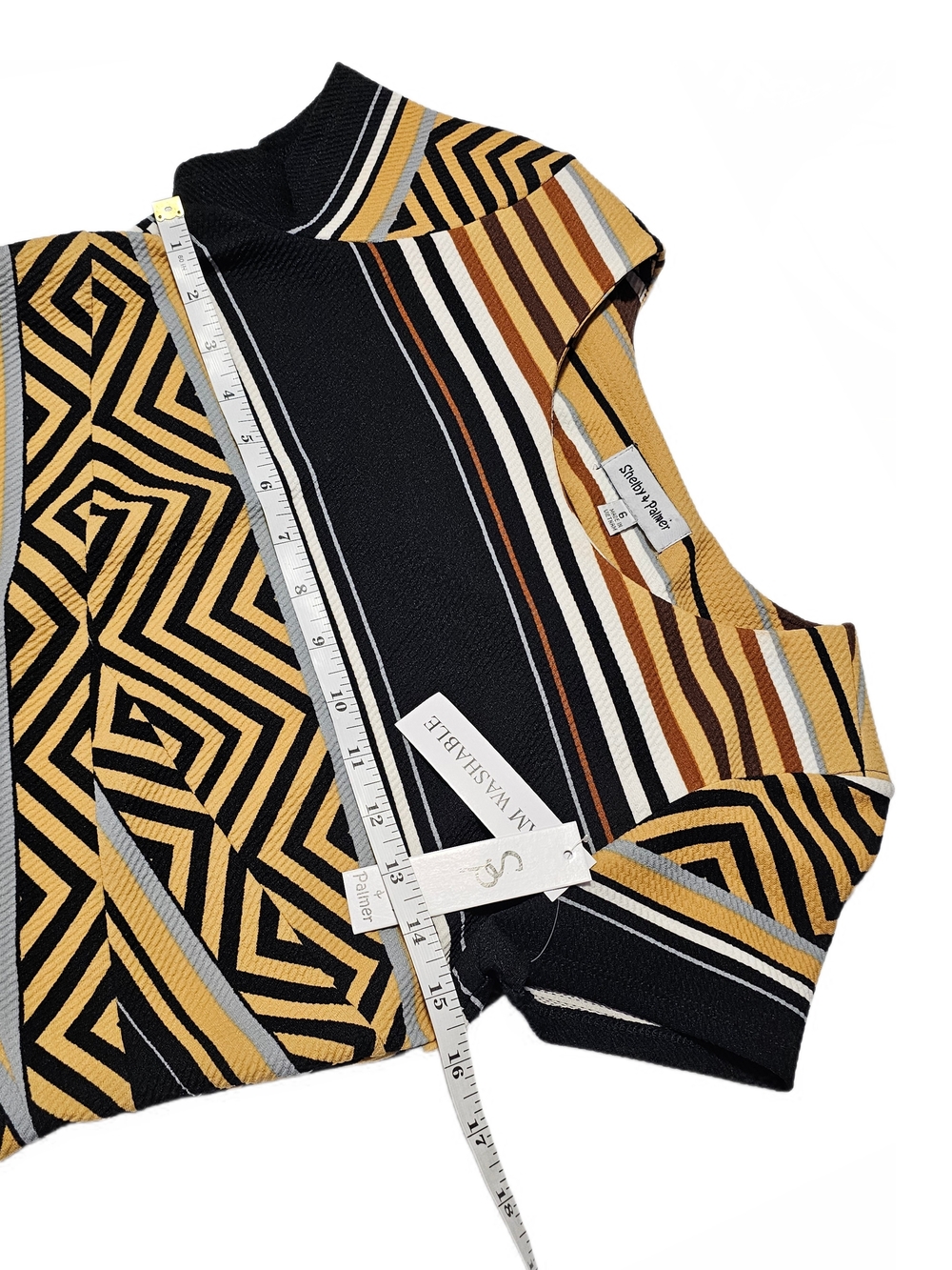 Shelby & Palmer Black Mustard Striped Aztec Geometric Midi Dress - Picture 9 of 13